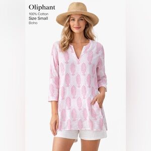 Oliphant Pink Block Print Cotton Tunic Top Size Small Boho Lightweight Summer